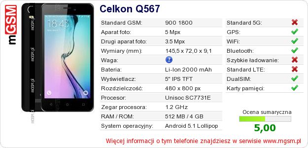 Dane telefonu Celkon Q567 Dane telefonu Celkon Q567