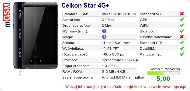 Dane telefonu Celkon Star 4G+