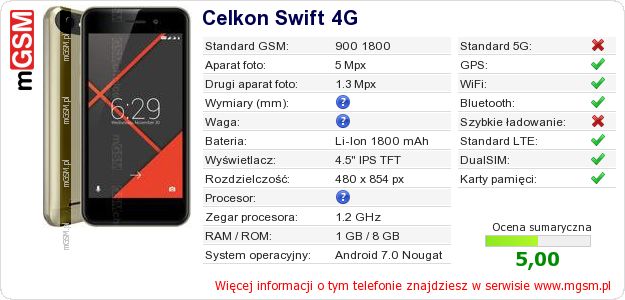 Dane telefonu Celkon Swift 4G Dane telefonu Celkon Swift 4G