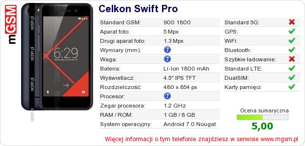 Dane telefonu Celkon Swift Pro