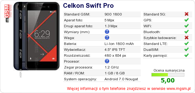 Dane telefonu Celkon Swift Pro