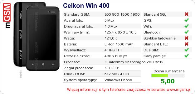 Dane telefonu Celkon Win 400 Dane telefonu Celkon Win 400