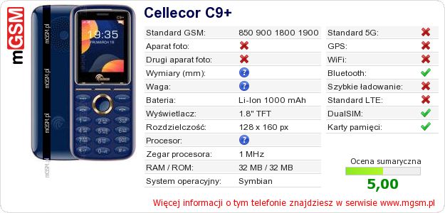 Dane telefonu Cellecor C9+