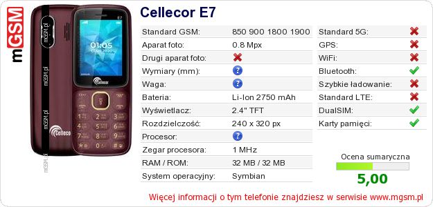 Dane telefonu Cellecor E7
