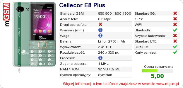Dane telefonu Cellecor E8 Plus