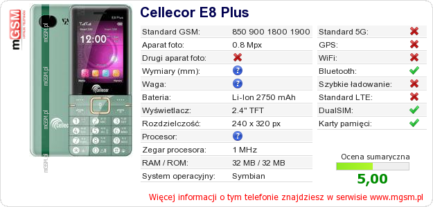 Dane telefonu Cellecor E8 Plus