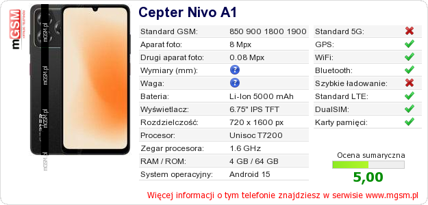 Dane telefonu Cepter Nivo A1