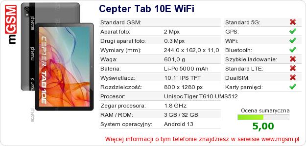 Dane telefonu Cepter Tab 10E WiFi