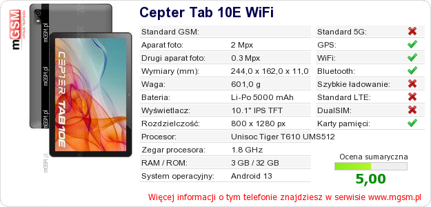Dane telefonu Cepter Tab 10E WiFi