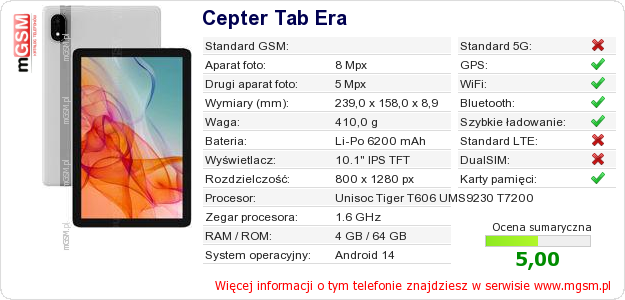 Dane telefonu Cepter Tab Era Dane telefonu Cepter Tab Era