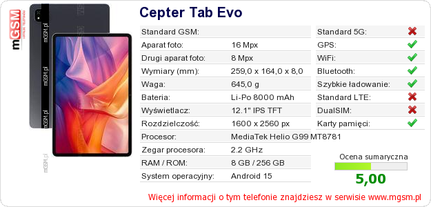 Dane telefonu Cepter Tab Evo