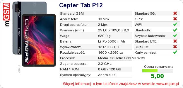 Dane telefonu Cepter Tab P12 Dane telefonu Cepter Tab P12
