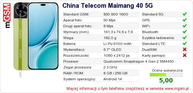 Dane telefonu China Telecom Maimang 40 5G Dane telefonu China Telecom Maimang 40 5G