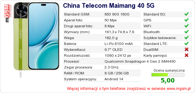 Dane telefonu China Telecom Maimang 40 5G Dane telefonu China Telecom Maimang 40 5G