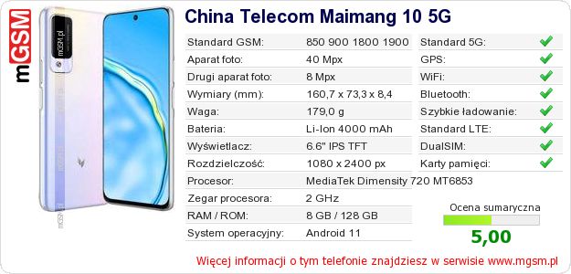 Dane telefonu China Telecom Maimang 10 5G