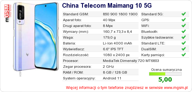 Dane telefonu China Telecom Maimang 10 5G