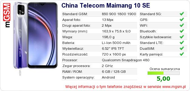 Dane telefonu China Telecom Maimang 10 SE Dane telefonu China Telecom Maimang 10 SE