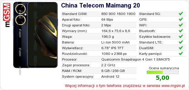 Dane telefonu China Telecom Maimang 20