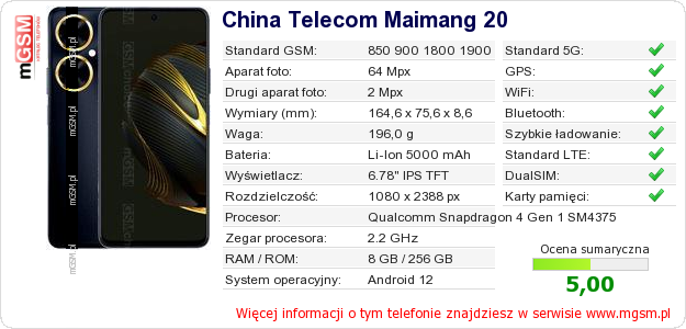 Dane telefonu China Telecom Maimang 20 Dane telefonu China Telecom Maimang 20