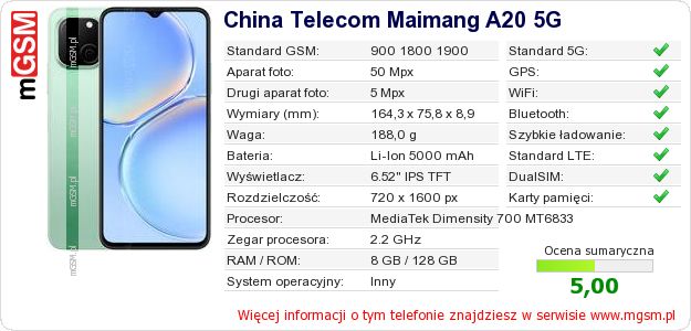 Dane telefonu China Telecom Maimang A20 5G