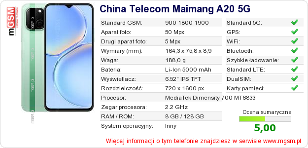 Dane telefonu China Telecom Maimang A20 5G