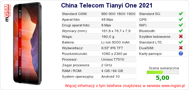 Dane telefonu China Telecom Tianyi One 2021