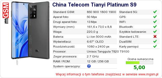 Dane telefonu China Telecom Tianyi Platinum S9 Dane telefonu China Telecom Tianyi Platinum S9