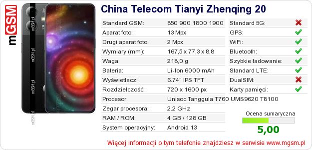 Dane telefonu China Telecom Tianyi Zhenqing 20