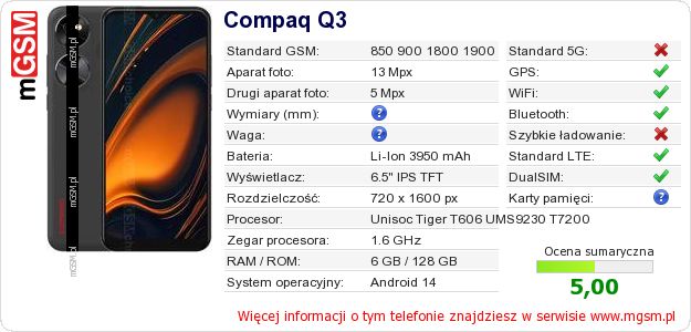 Dane telefonu Compaq Q3
