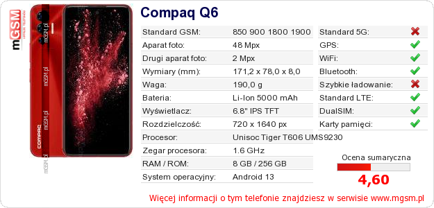 Dane telefonu Compaq Q6