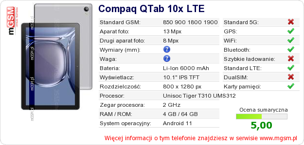 Dane telefonu Compaq QTab 10x LTE