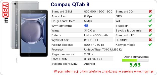 Dane telefonu Compaq QTab 8 Dane telefonu Compaq QTab 8