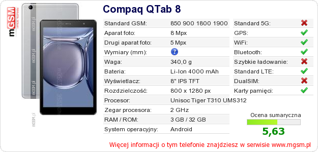 Dane telefonu Compaq QTab 8