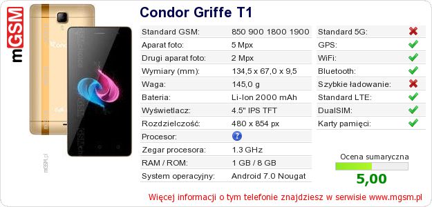 Dane telefonu Condor Griffe T1