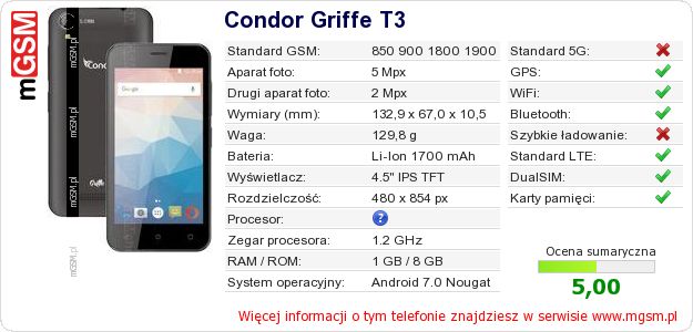 Dane telefonu Condor Griffe T3