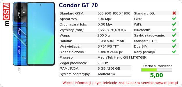 Dane telefonu Condor GT 70