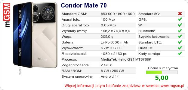 Dane telefonu Condor Mate 70 Dane telefonu Condor Mate 70