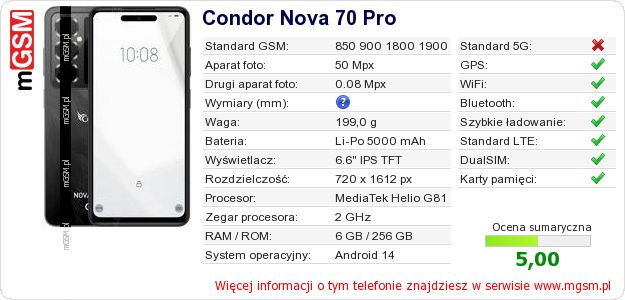 Dane telefonu Condor Nova 70 Pro Dane telefonu Condor Nova 70 Pro