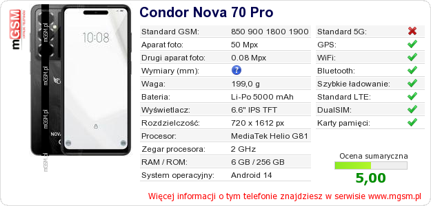 Dane telefonu Condor Nova 70 Pro