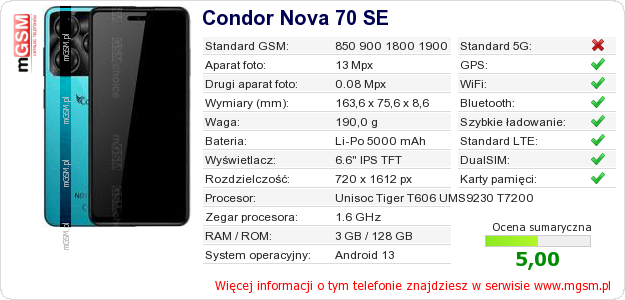 Dane telefonu Condor Nova 70 SE Dane telefonu Condor Nova 70 SE
