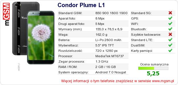 Dane telefonu Condor Plume L1