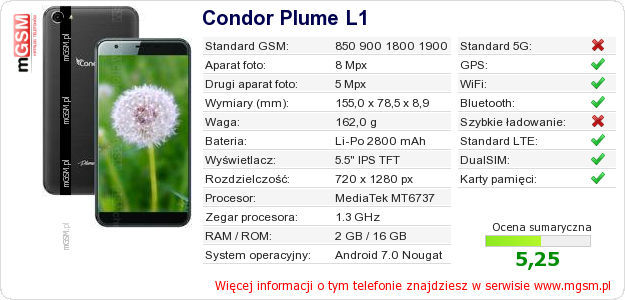 Dane telefonu Condor Plume L1