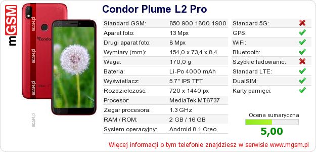 Dane telefonu Condor Plume L2 Pro