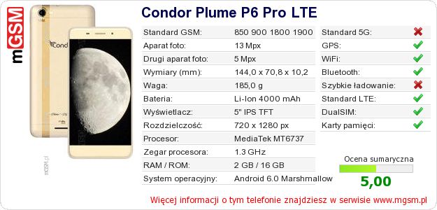 Dane telefonu Condor Plume P6 Pro LTE