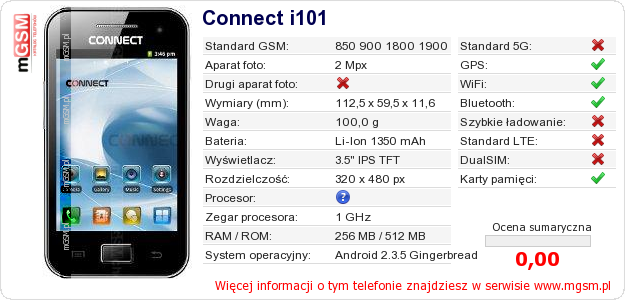 Dane telefonu Connect i101
