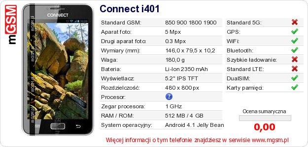 Dane telefonu Connect i401 Dane telefonu Connect i401
