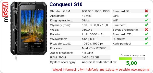 Dane telefonu Conquest S10