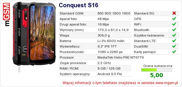 Dane telefonu Conquest S16