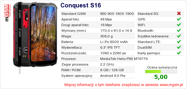 Dane telefonu Conquest S16 Dane telefonu Conquest S16
