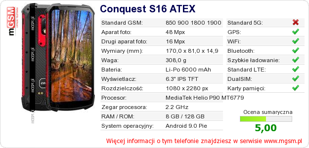 Dane telefonu Conquest S16 ATEX